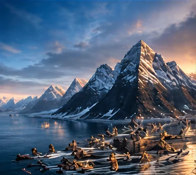 Snow-capped mountain above a frozen fjord