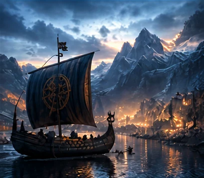 Longship sailing into a lantern-lit harbor